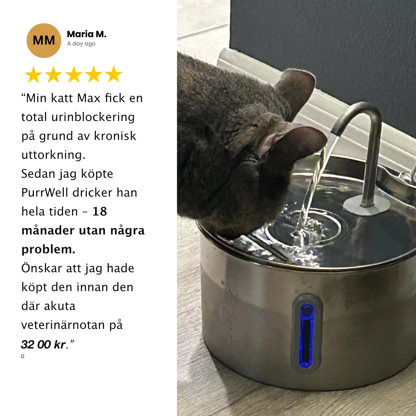 PurrWell - Vattenfontän i rostfritt stål för katter
